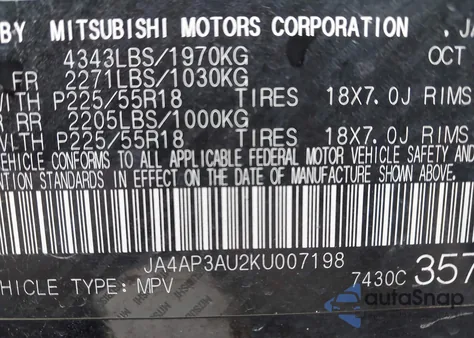 2019 Mitsubishi Outlander Sport 2.0 Es z USA, uszkodzony, nr VIN JA4AP3AU2KU007198